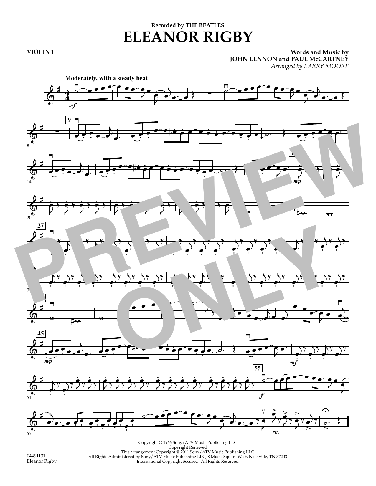 Download Larry Moore Eleanor Rigby - Violin 1 Sheet Music