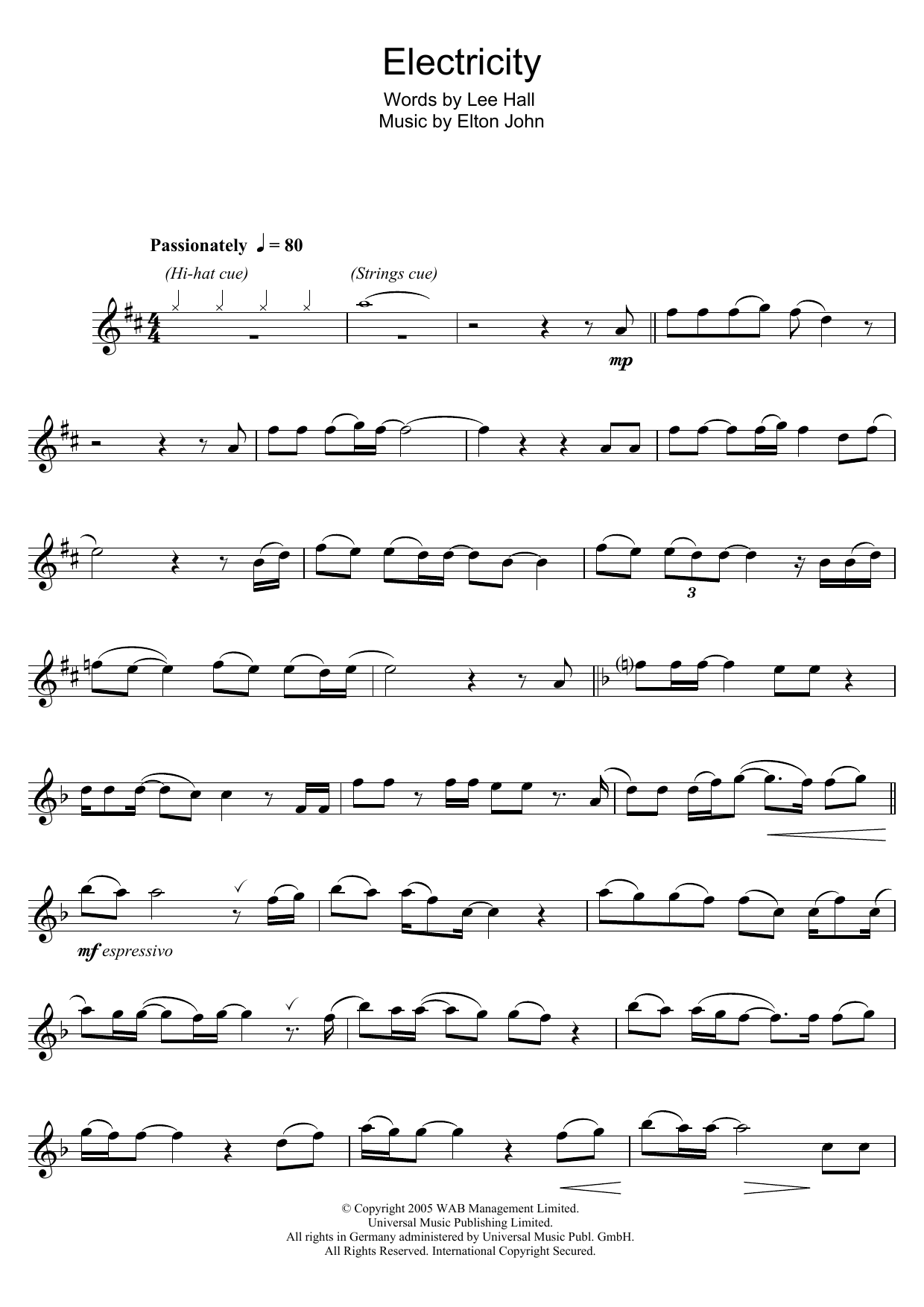 Download Elton John Electricity (from Billy Elliot: The Mus Sheet Music