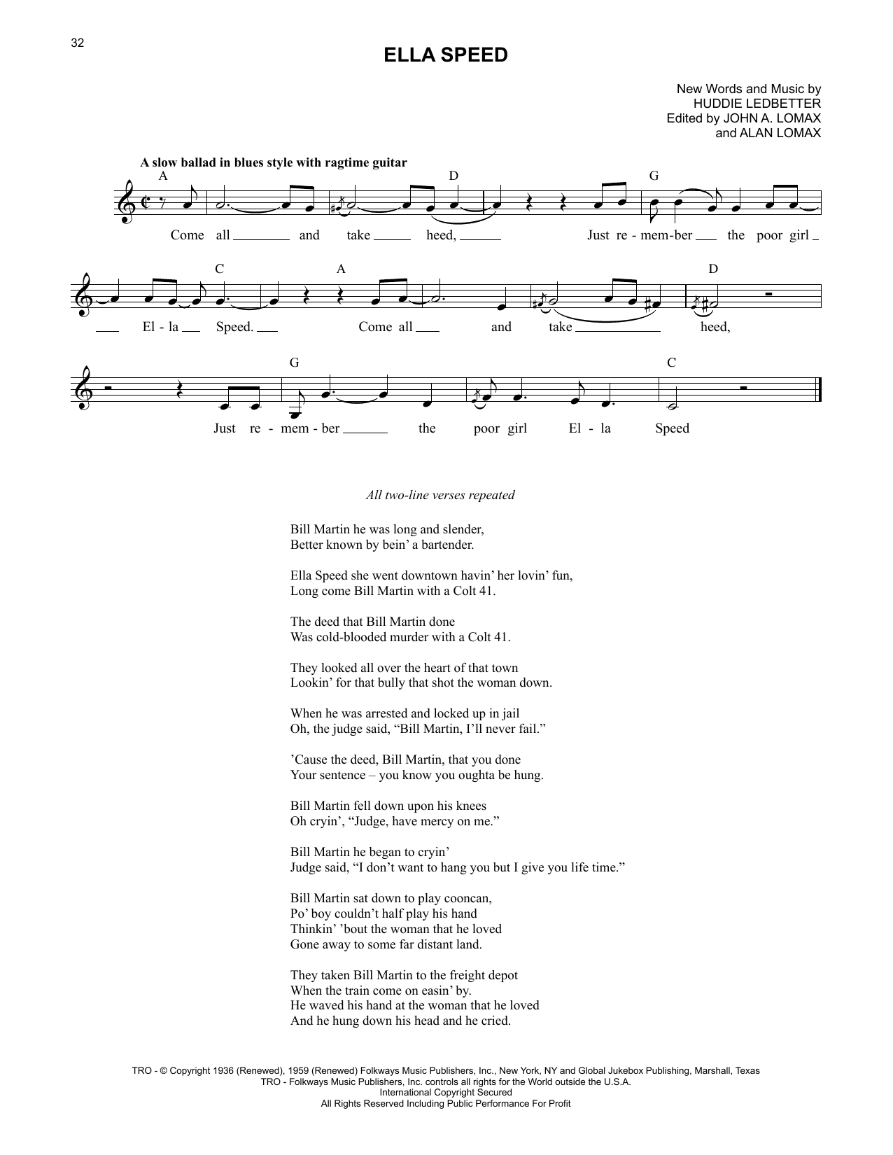 Lead Belly Ella Speed sheet music notes printable PDF score