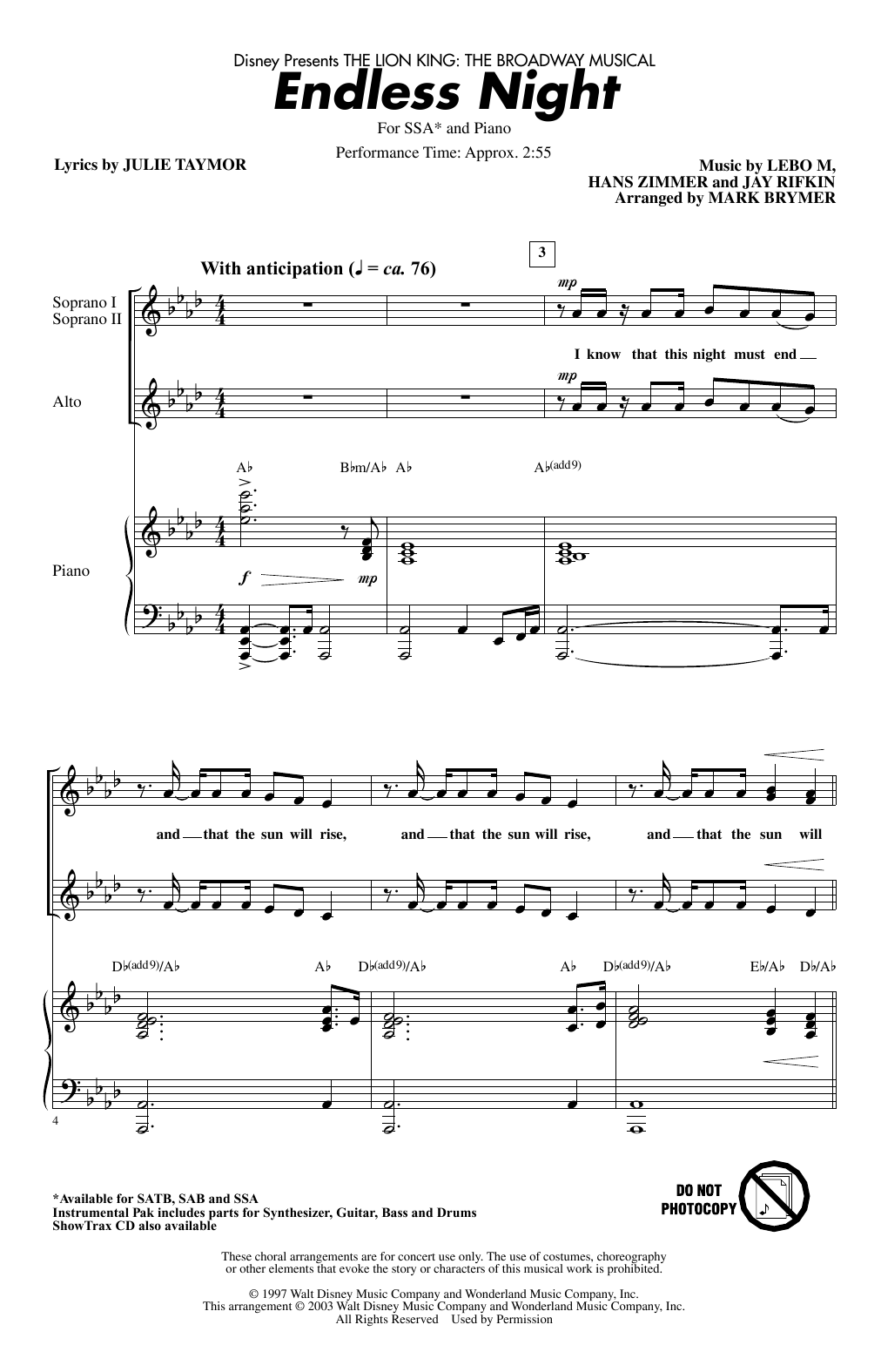 Download Lebo M., Hans Zimmer, Jay Rifkin and Endless Night (from The Lion King: Broa Sheet Music