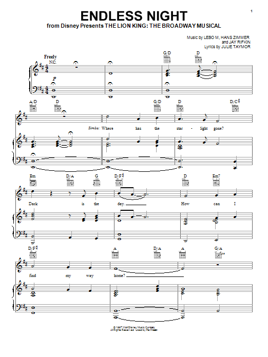 Download Lebo M., Hans Zimmer, Jay Rifkin and Endless Night (from The Lion King: Broa Sheet Music