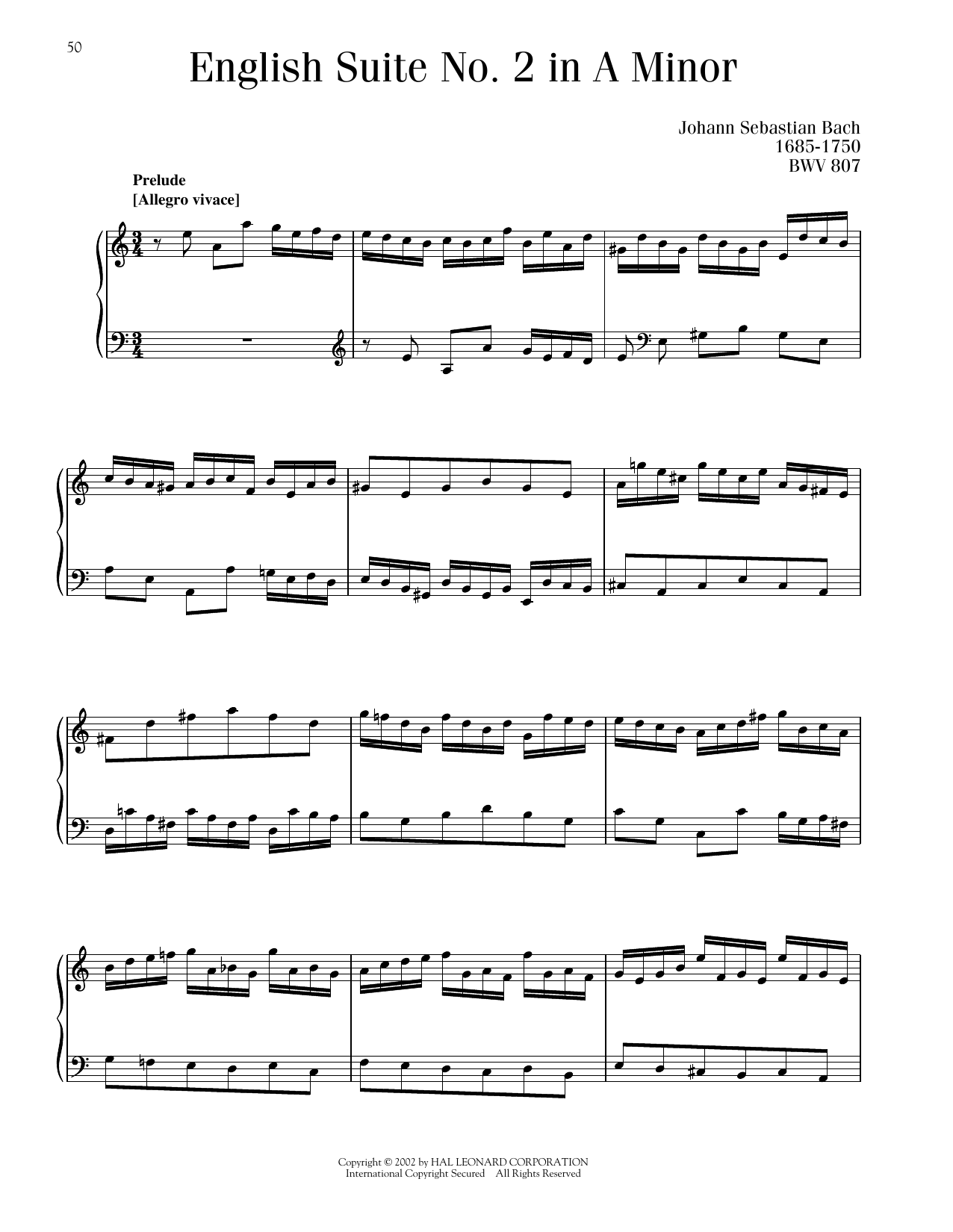 Johann Sebastian Bach English Suite No. 2, BWV 807 sheet music notes printable PDF score