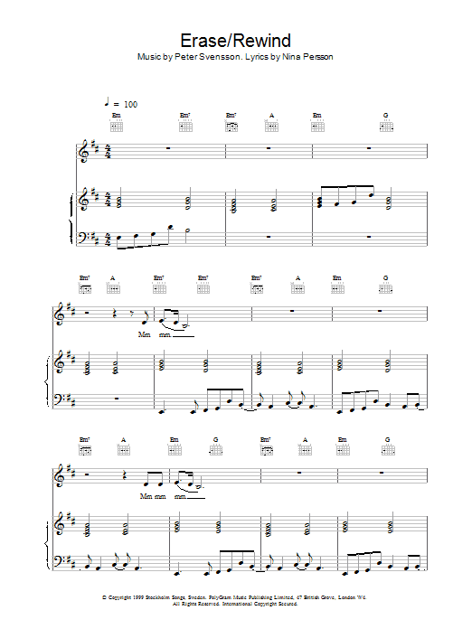 The Cardigans Erase / Rewind sheet music notes printable PDF score
