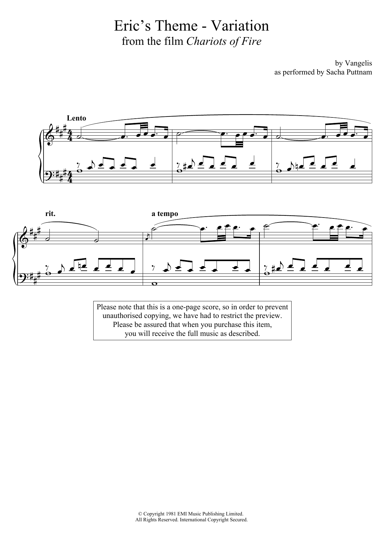 Download Vangelis Eric's Theme- Variation (From Chariots Sheet Music