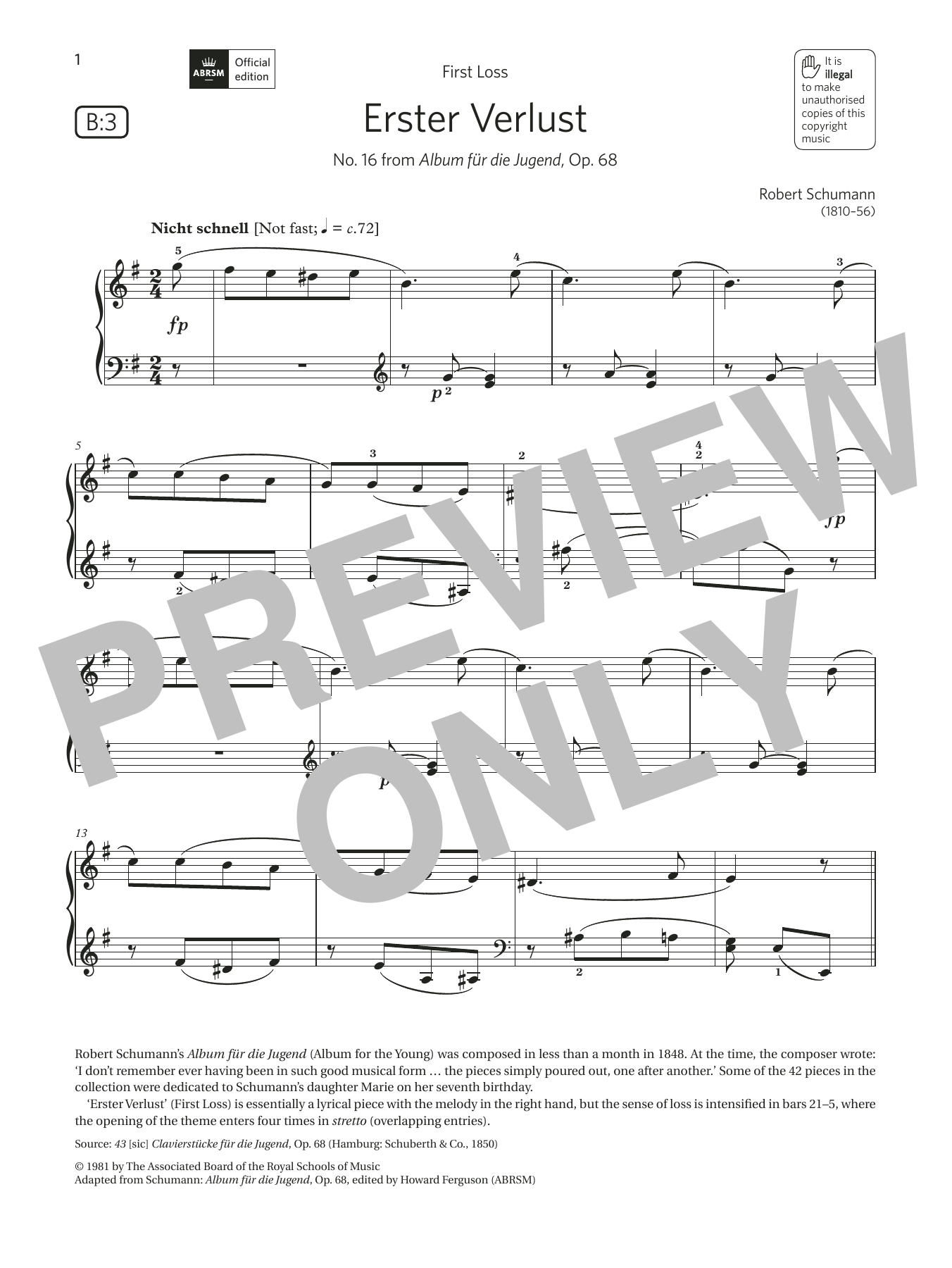 Download Robert Schumann Erster Verlust (Grade 4, list B3, from Sheet Music