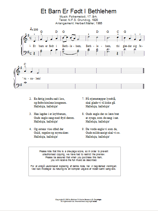 Download Traditional Et Barn Er Født I Bethlehem Sheet Music