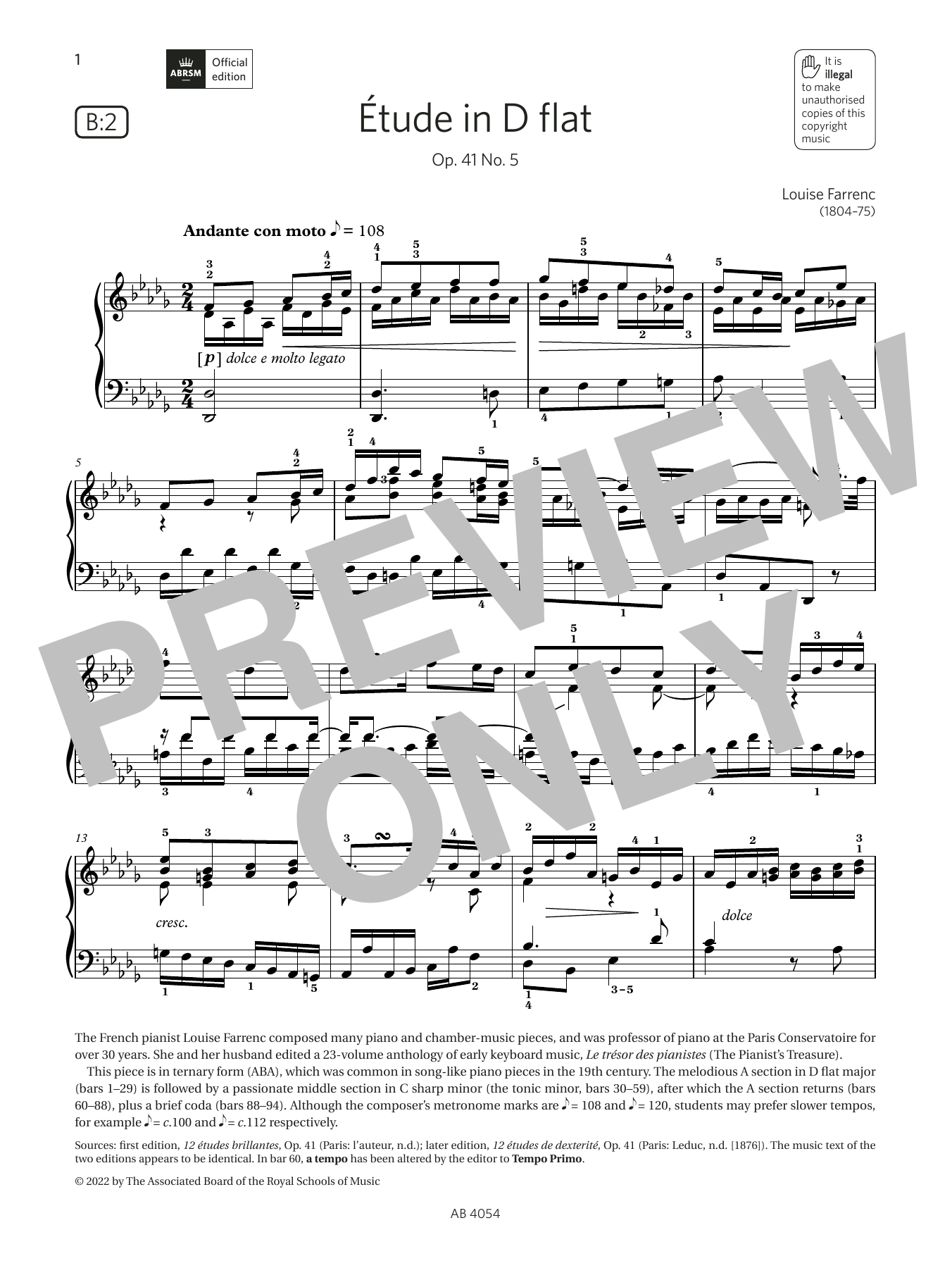 Download Louise Farrenc Étude in D flat (Grade 8, list B2, fro Sheet Music