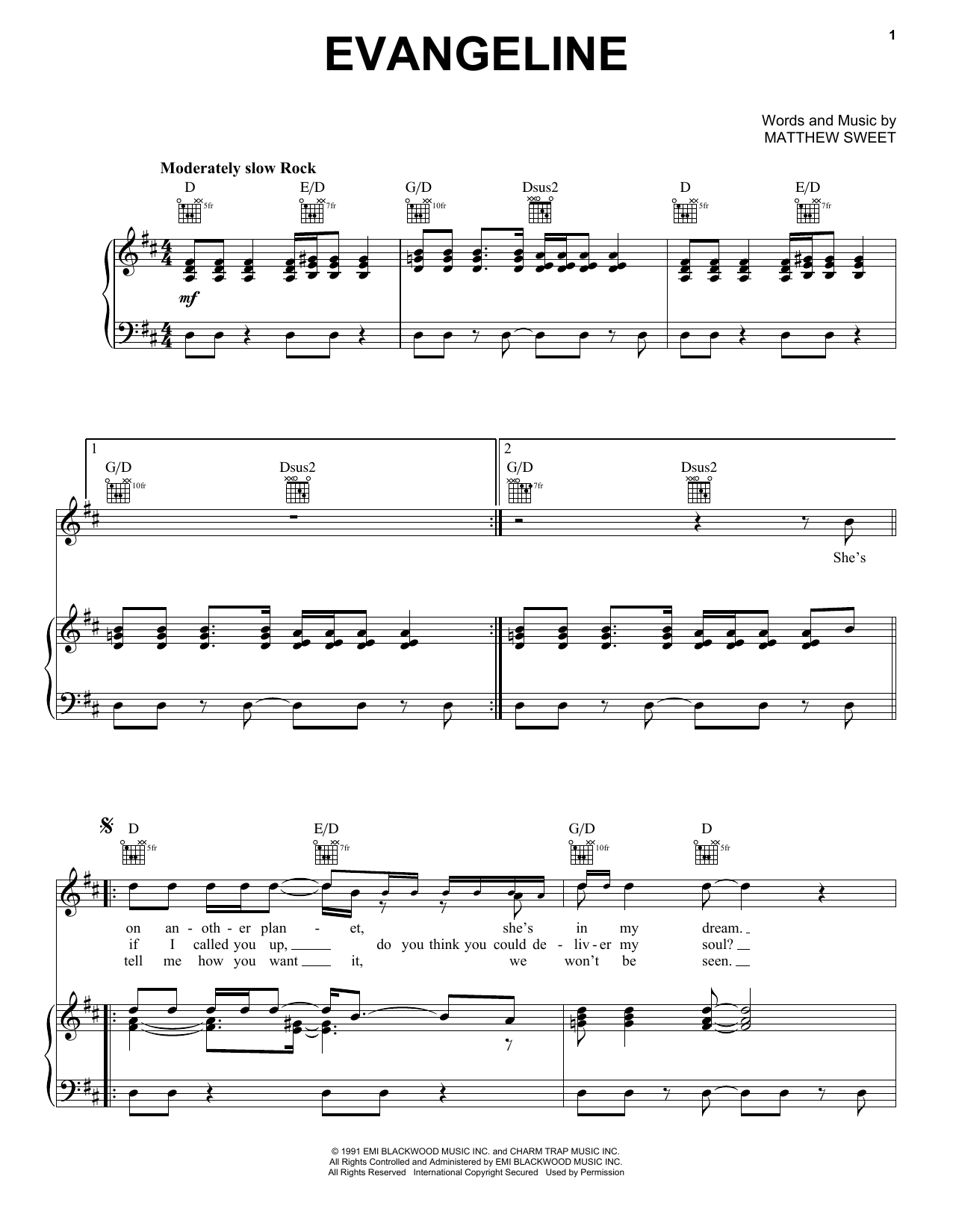Matthew Sweet Evangeline sheet music notes printable PDF score