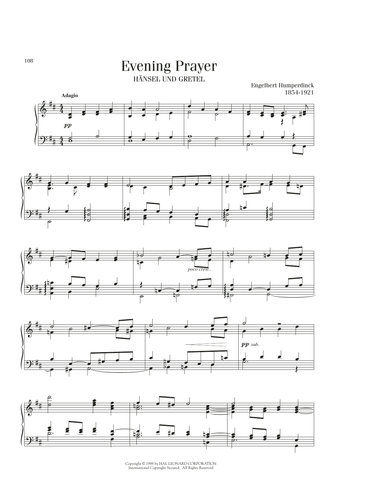 Engelbert Humperdinck Evening Prayer sheet music notes printable PDF score