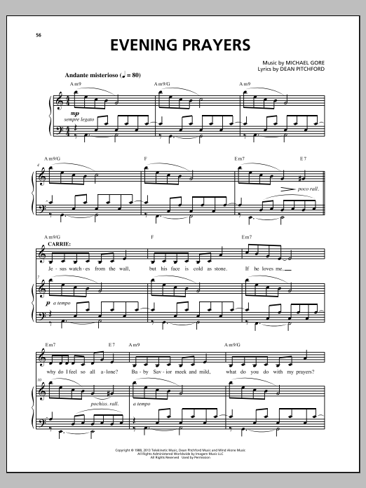 Download Michael Gore Evening Prayers (from Carrie The Musica Sheet Music