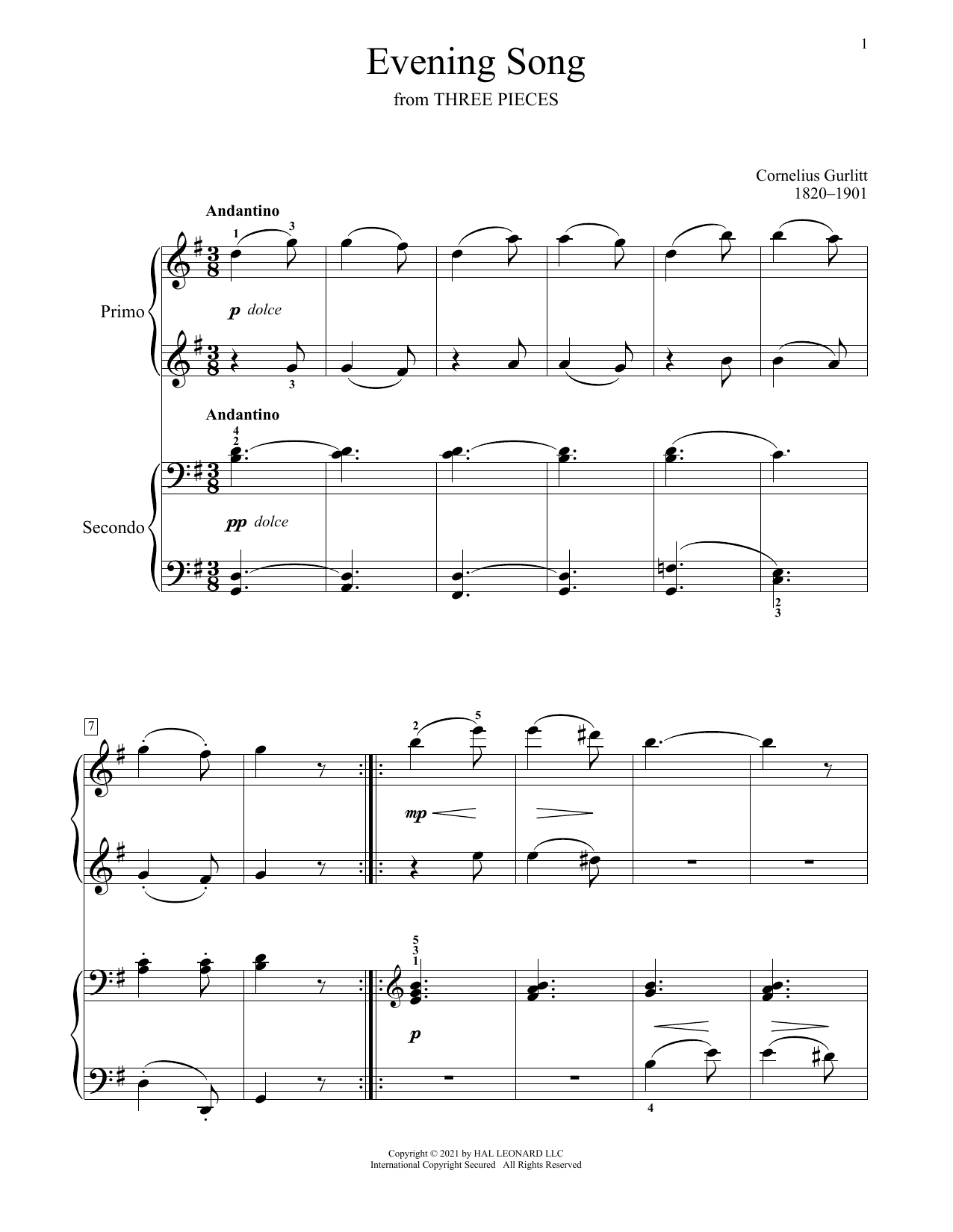 Download Cornelius Gurlitt Evening Song (From Three Pieces) Sheet Music