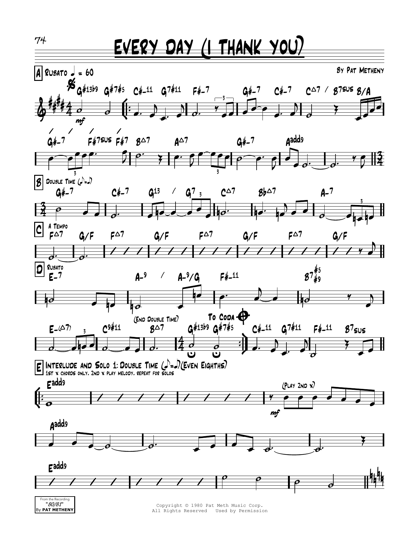 Download Pat Metheny Every Day (I Thank You) Sheet Music