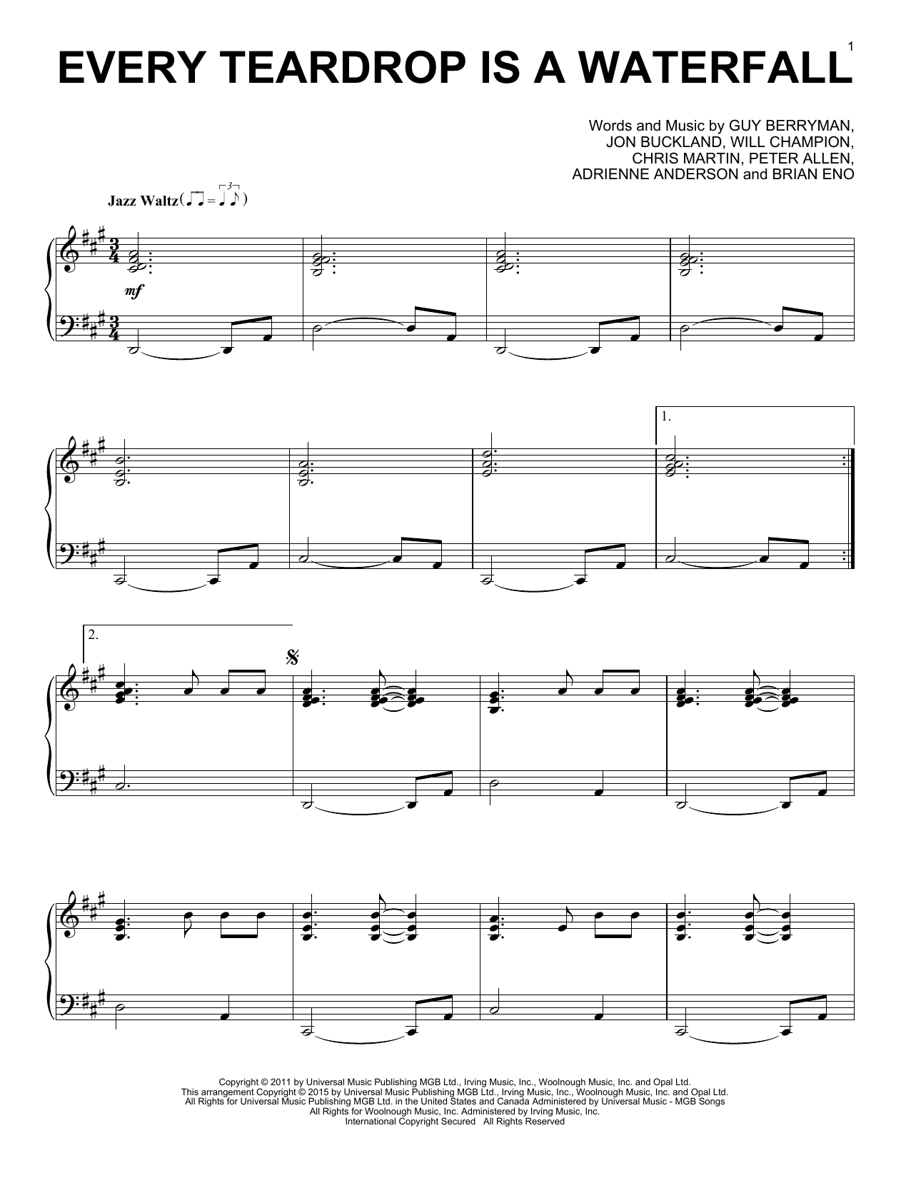 Download Coldplay Every Teardrop Is A Waterfall [Jazz ver Sheet Music