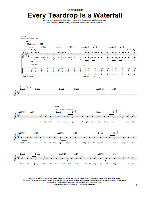 Download Coldplay Every Teardrop Is A Waterfall Sheet Music