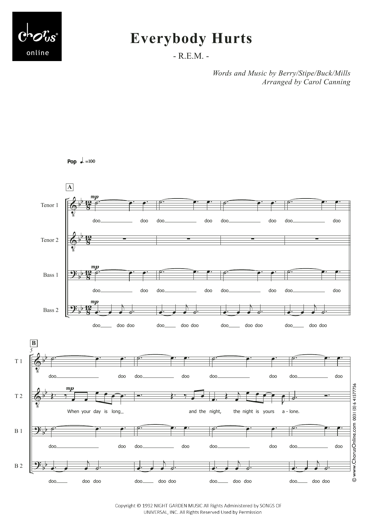 R.E.M. Everybody Hurts (arr. Carol Canning) sheet music notes printable PDF score