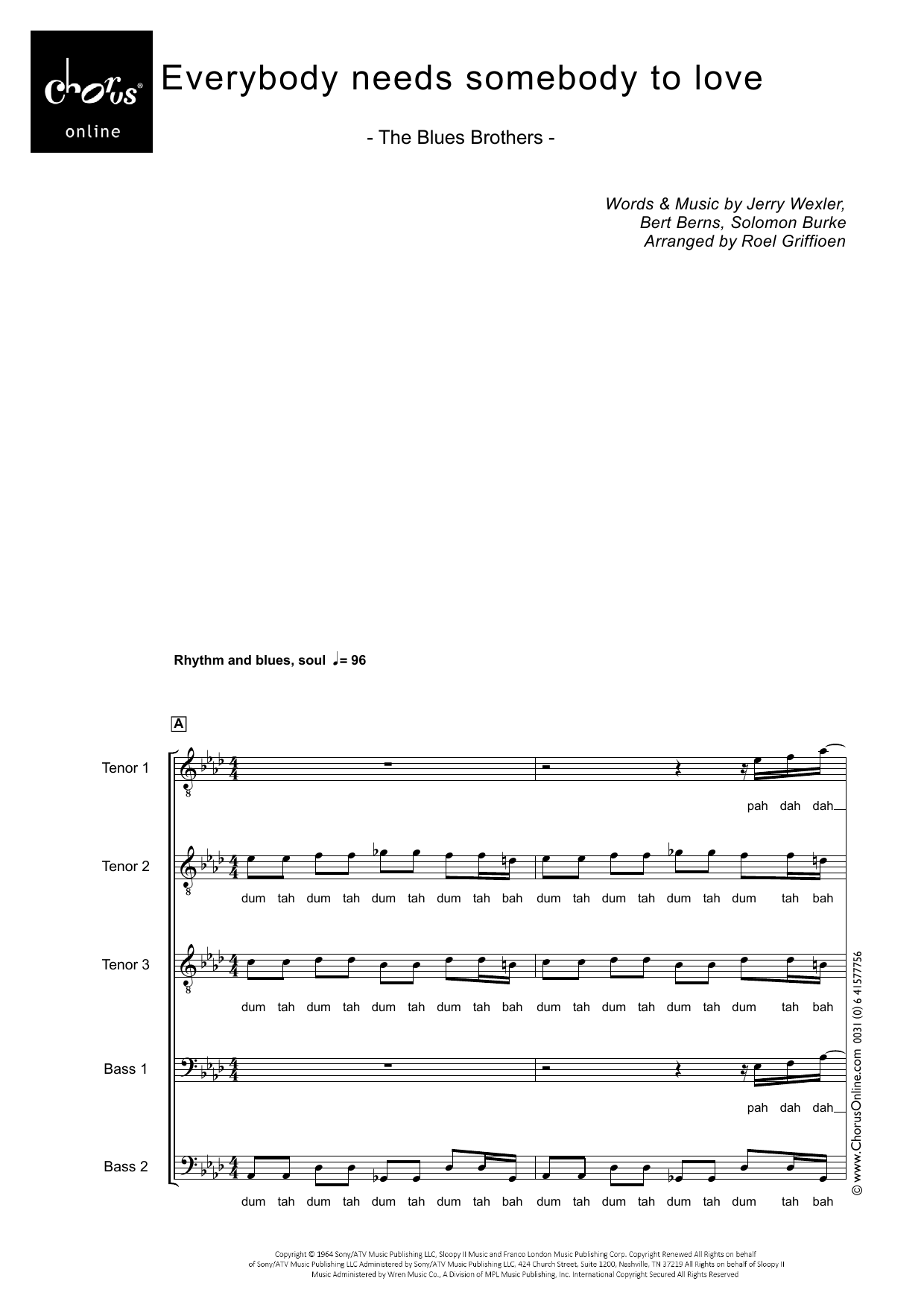 The Blues Brothers Everybody Needs Somebody to Love (arr. Roel Griffioen) sheet music notes printable PDF score