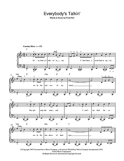 Download Nilsson Everybody's Talkin' Sheet Music and Printable PDF Score for Piano Chords/Lyrics