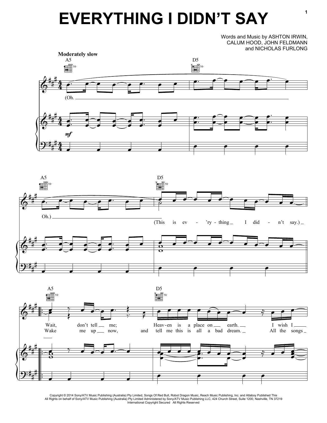 Download 5 Seconds of Summer Everything I Didn't Say Sheet Music