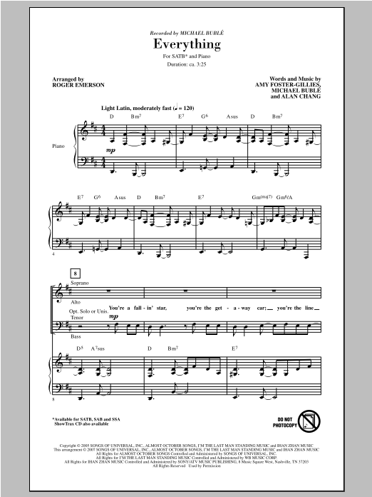 Download Michael Buble Everything (arr. Roger Emerson) Sheet Music