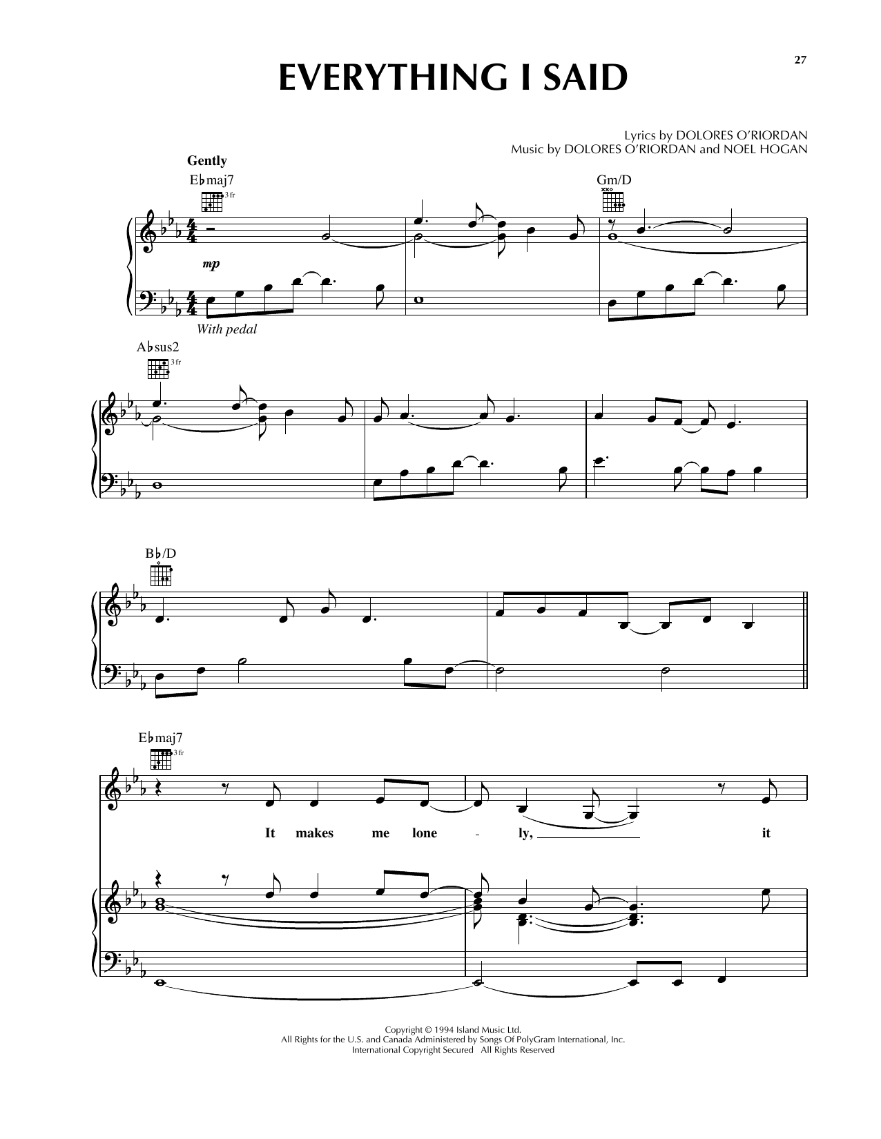 Download The Cranberries Everything I Said Sheet Music