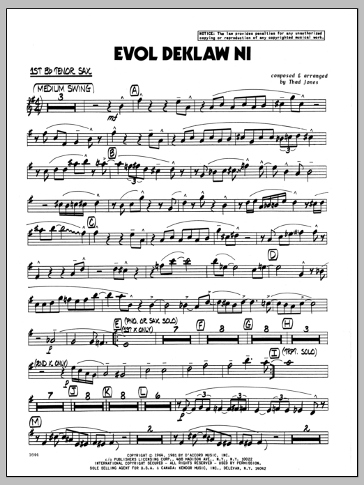 Download Thad Jones Evol Deklaw Ni - 1st Bb Tenor Saxophone Sheet Music