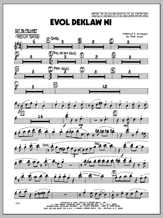 Download Thad Jones Evol Deklaw Ni - 1st Bb Trumpet Sheet Music