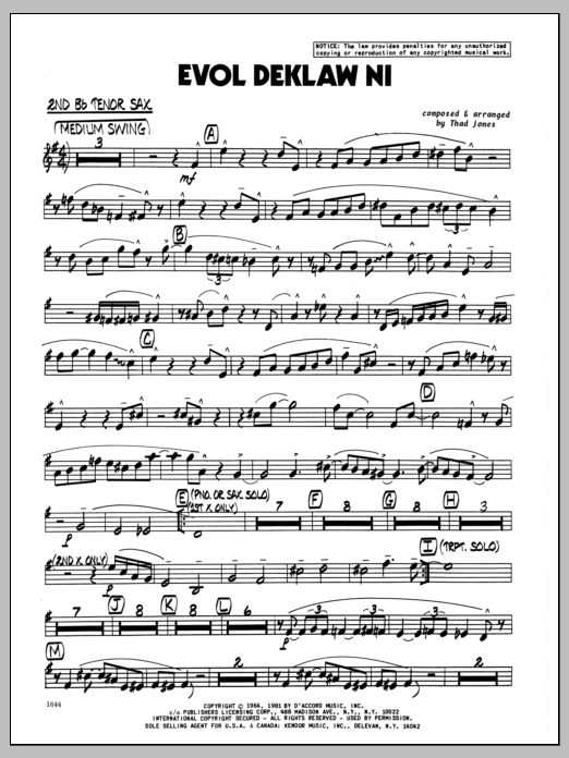 Download Thad Jones Evol Deklaw Ni - 2nd Bb Tenor Saxophone Sheet Music