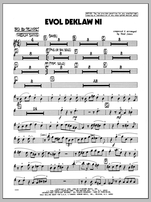 Download Thad Jones Evol Deklaw Ni - 3rd Bb Trumpet Sheet Music