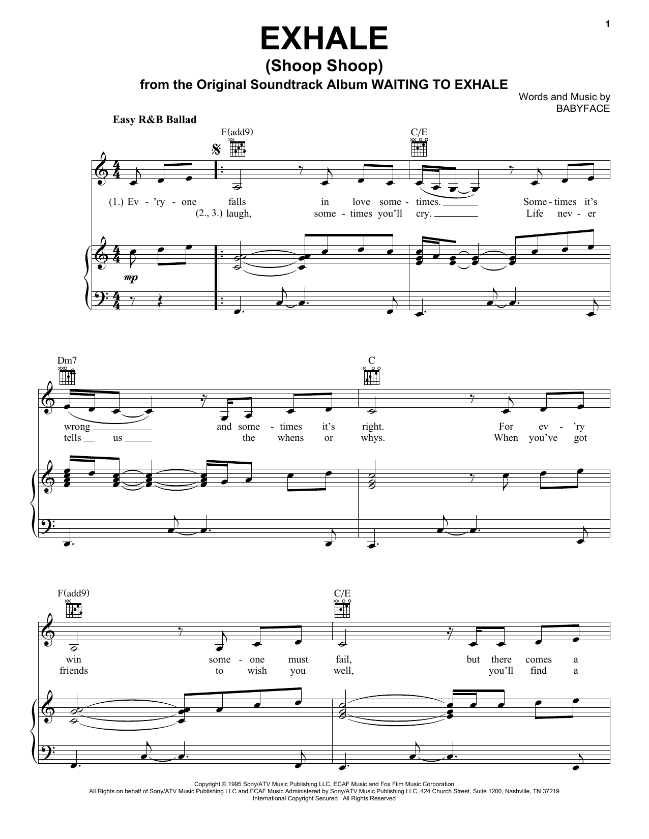 Whitney Houston Exhale (Shoop Shoop) sheet music notes printable PDF score