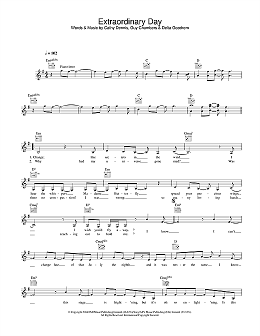 Delta Goodrem Extraordinary Day sheet music notes printable PDF score