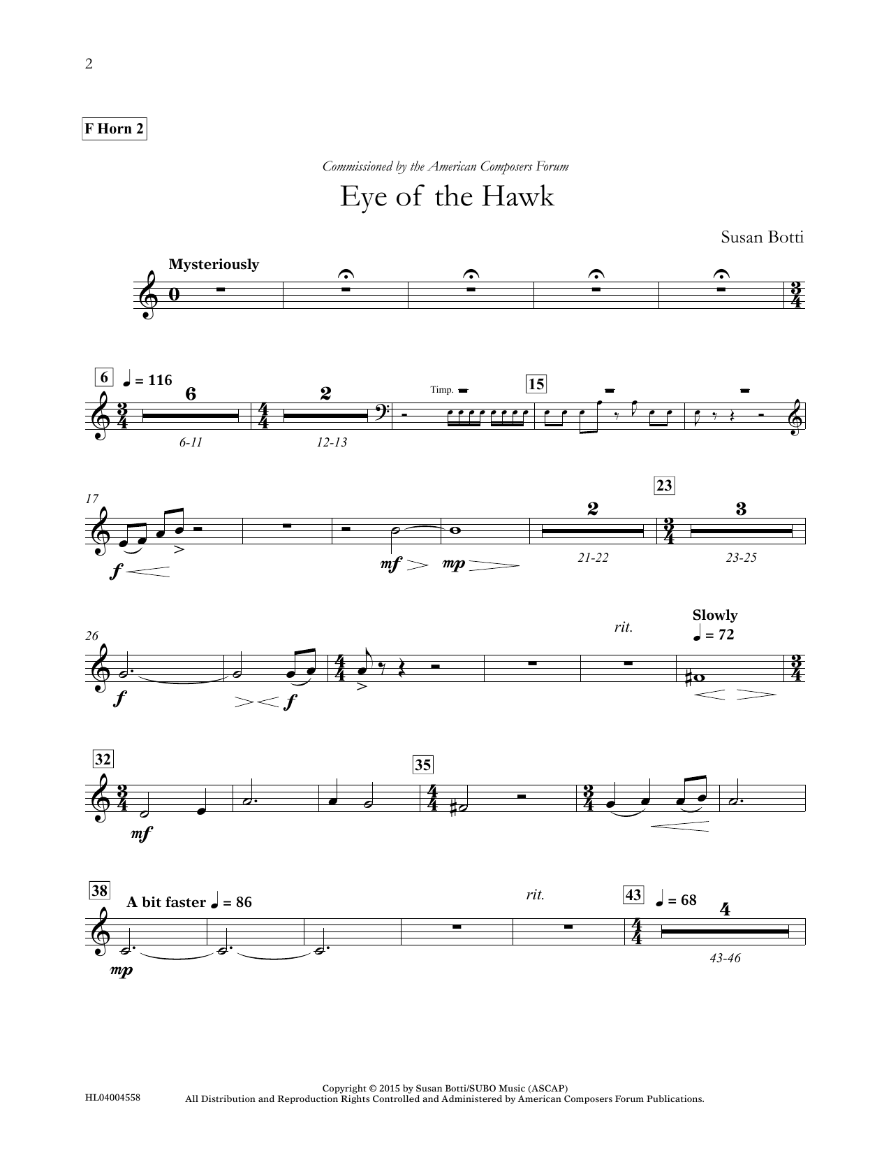Download Susan Botti Eye of the Hawk - F Horn 2 Sheet Music