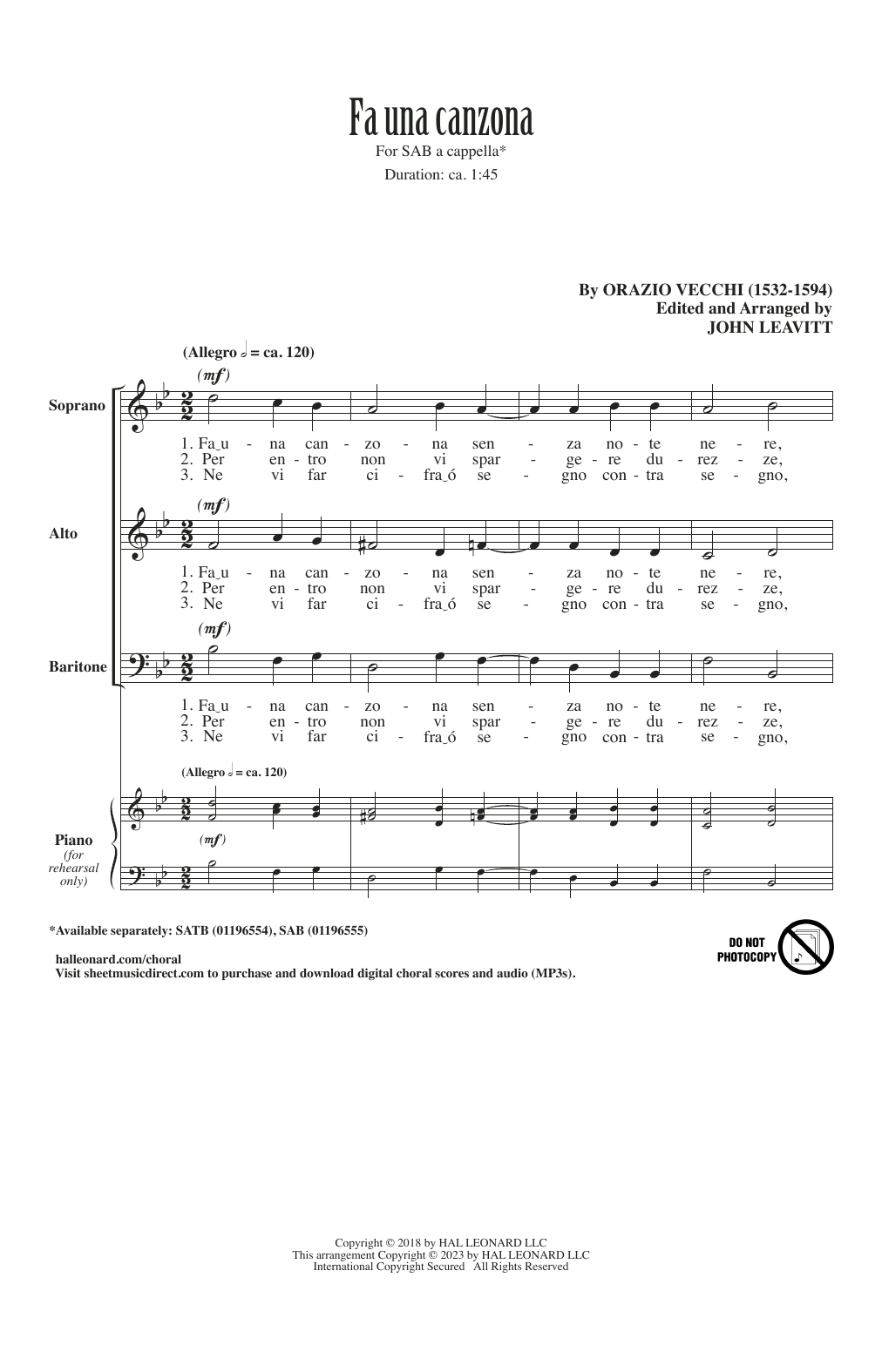 Download Orazio Vecchi Fa Una Canzona (arr. John Leavitt) Sheet Music