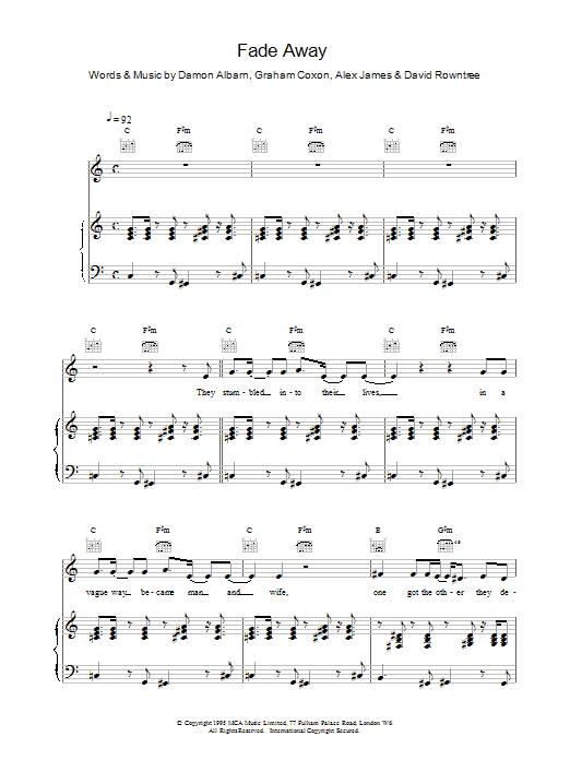 Blur Fade Away sheet music notes printable PDF score