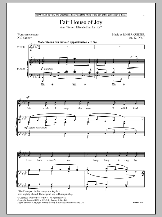 Download Roger Quilter Fair House Of Joy (from Seven Elizabeth Sheet Music
