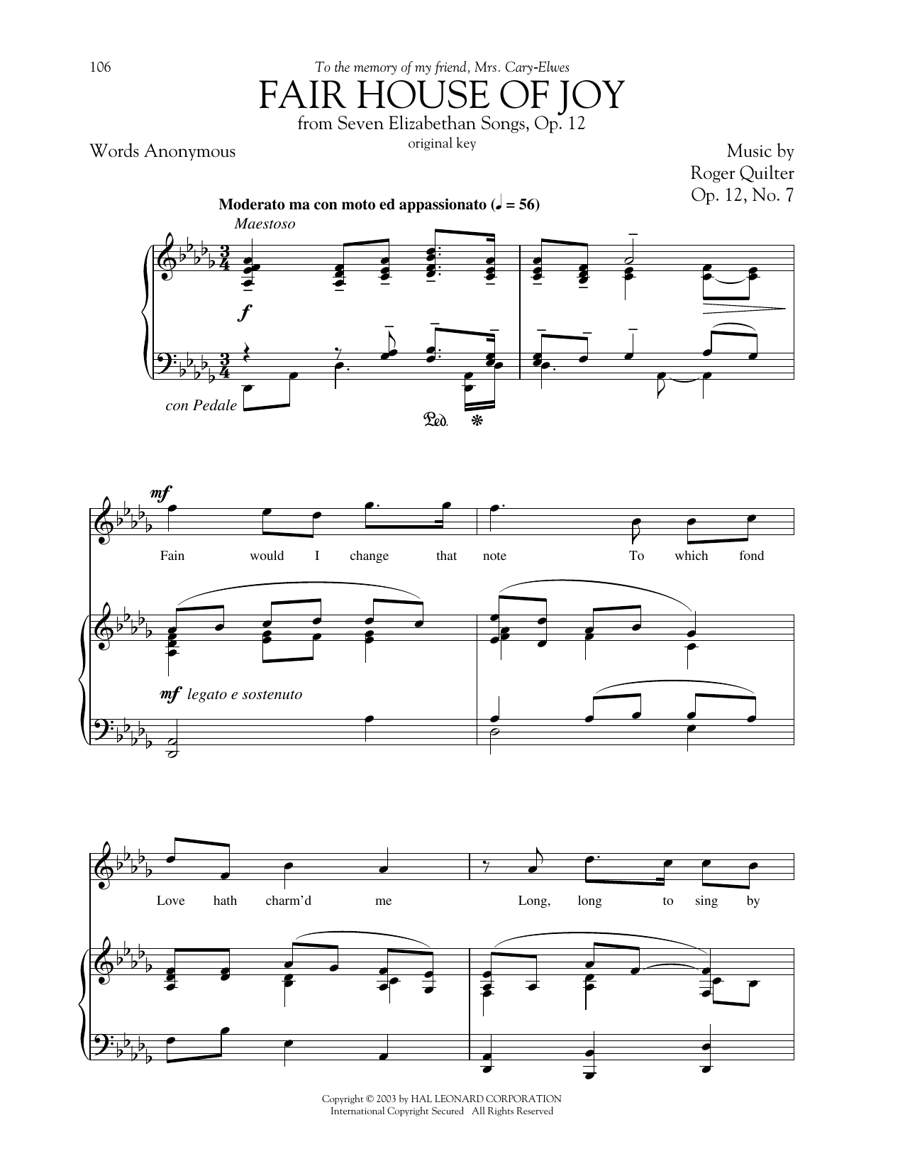 Download Roger Quilter Fair House Of Joy Sheet Music