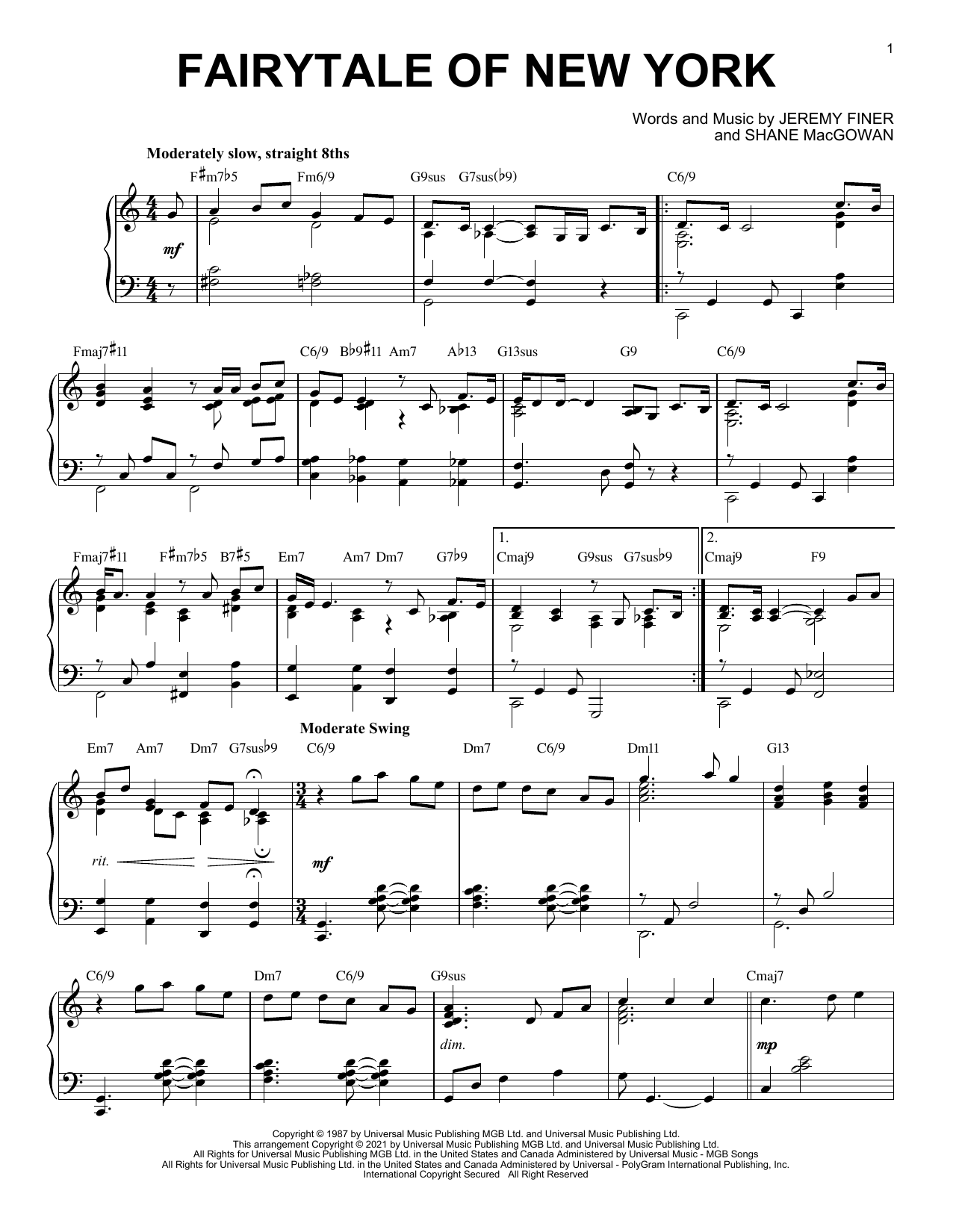 Download The Pogues featuring Kirsty MacColl Fairytale Of New York [Jazz version] (a Sheet Music