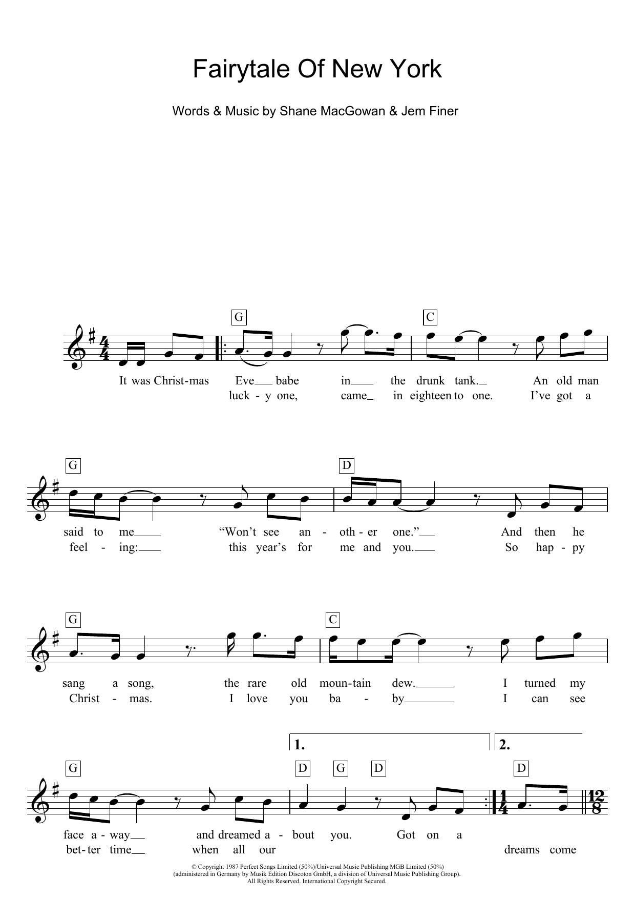 Download The Pogues Fairytale Of New York Sheet Music