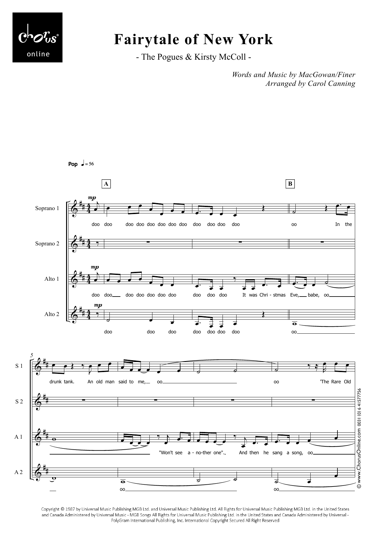 The Pogues Fairytale of New York (arr. Carol Canning) sheet music notes printable PDF score