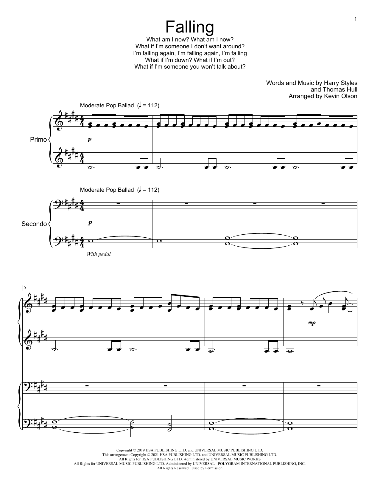 Download Harry Styles Falling (arr. Kevin Olson) Sheet Music