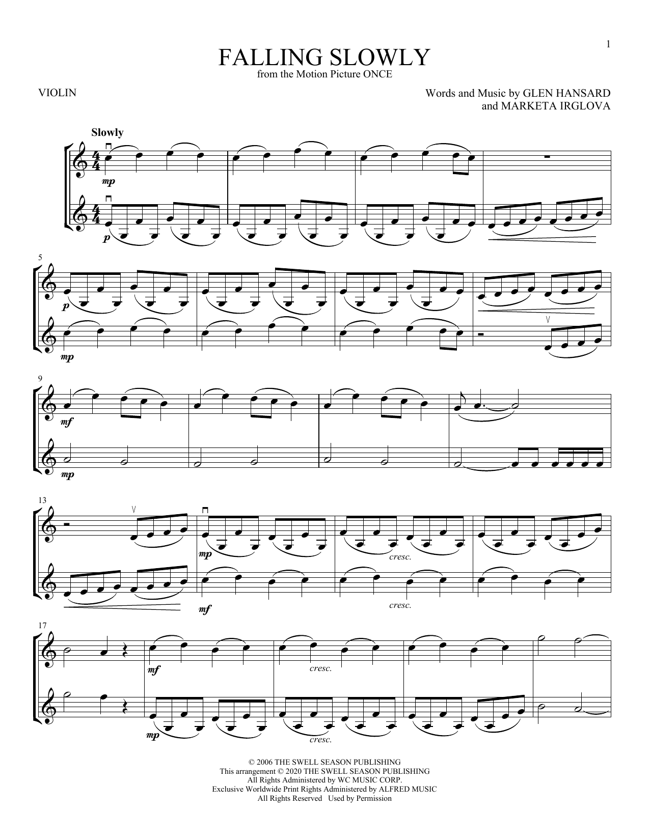 Download Glen Hansard & Marketa Irglova Falling Slowly (from Once) Sheet Music