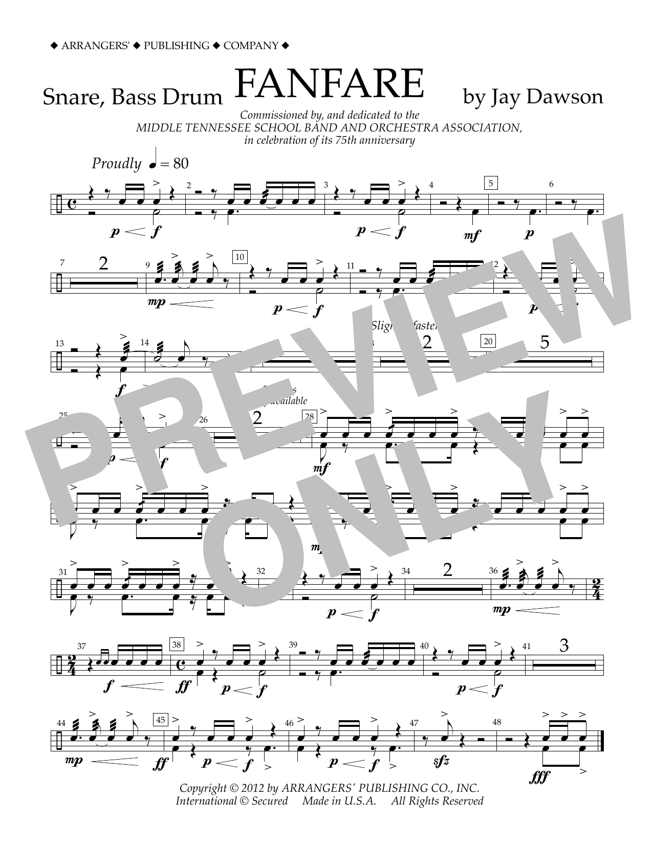 Download Jay Dawson Fanfare - Snare, Bass Drum Sheet Music