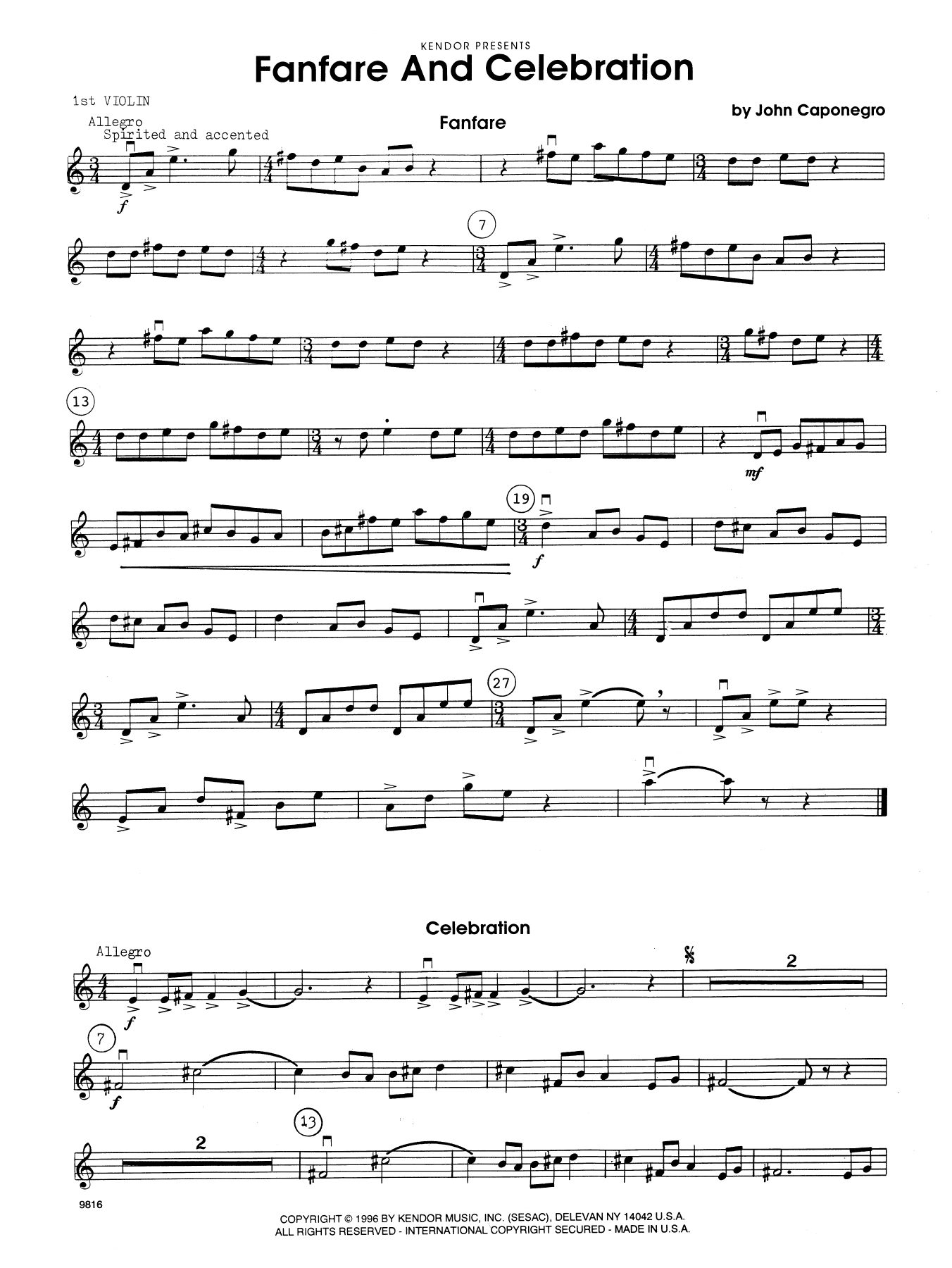 Download John Caponegro Fanfare and Celebration - 1st Violin Sheet Music