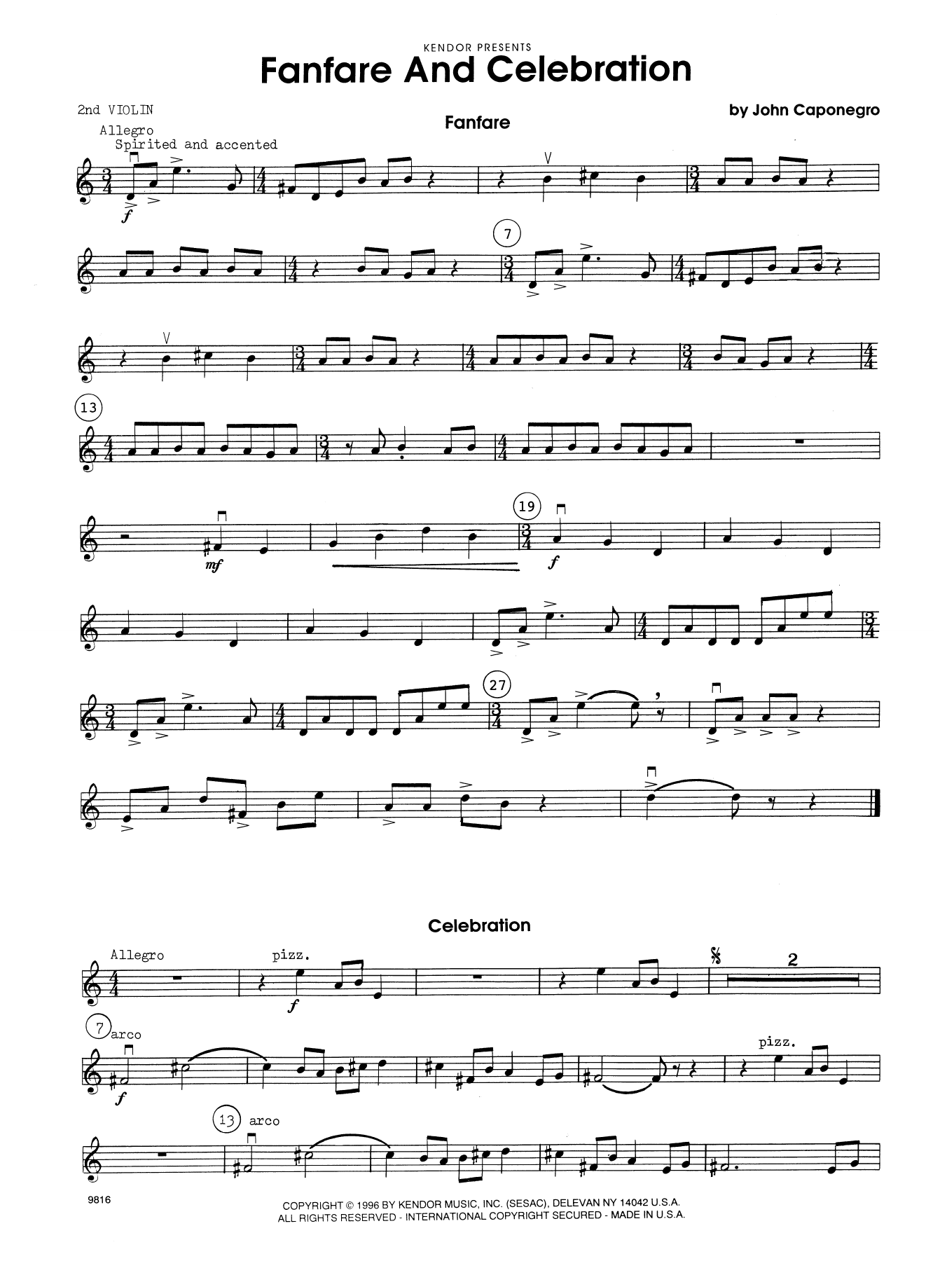 Download John Caponegro Fanfare and Celebration - 2nd Violin Sheet Music