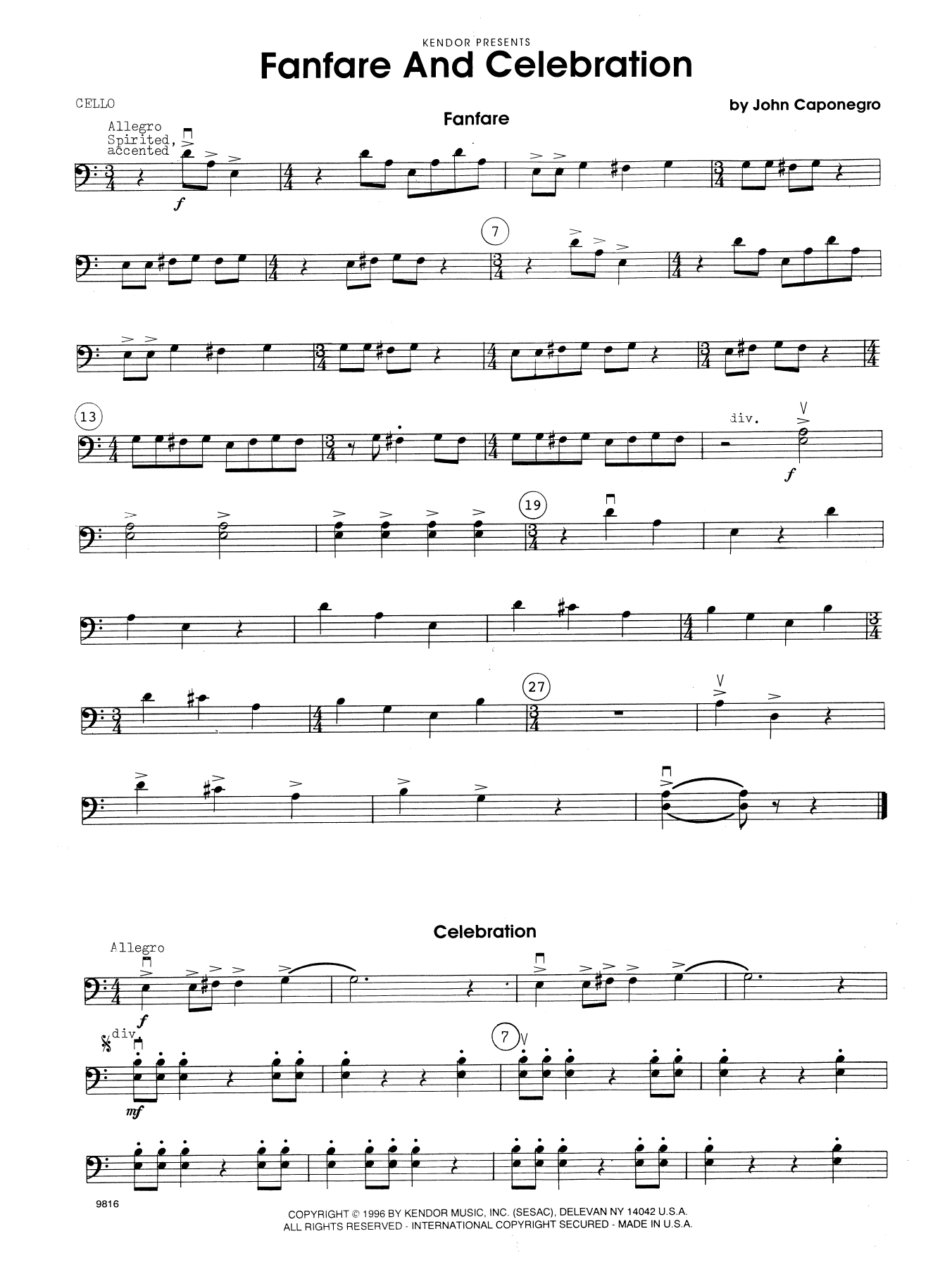 Download John Caponegro Fanfare and Celebration - Cello Sheet Music