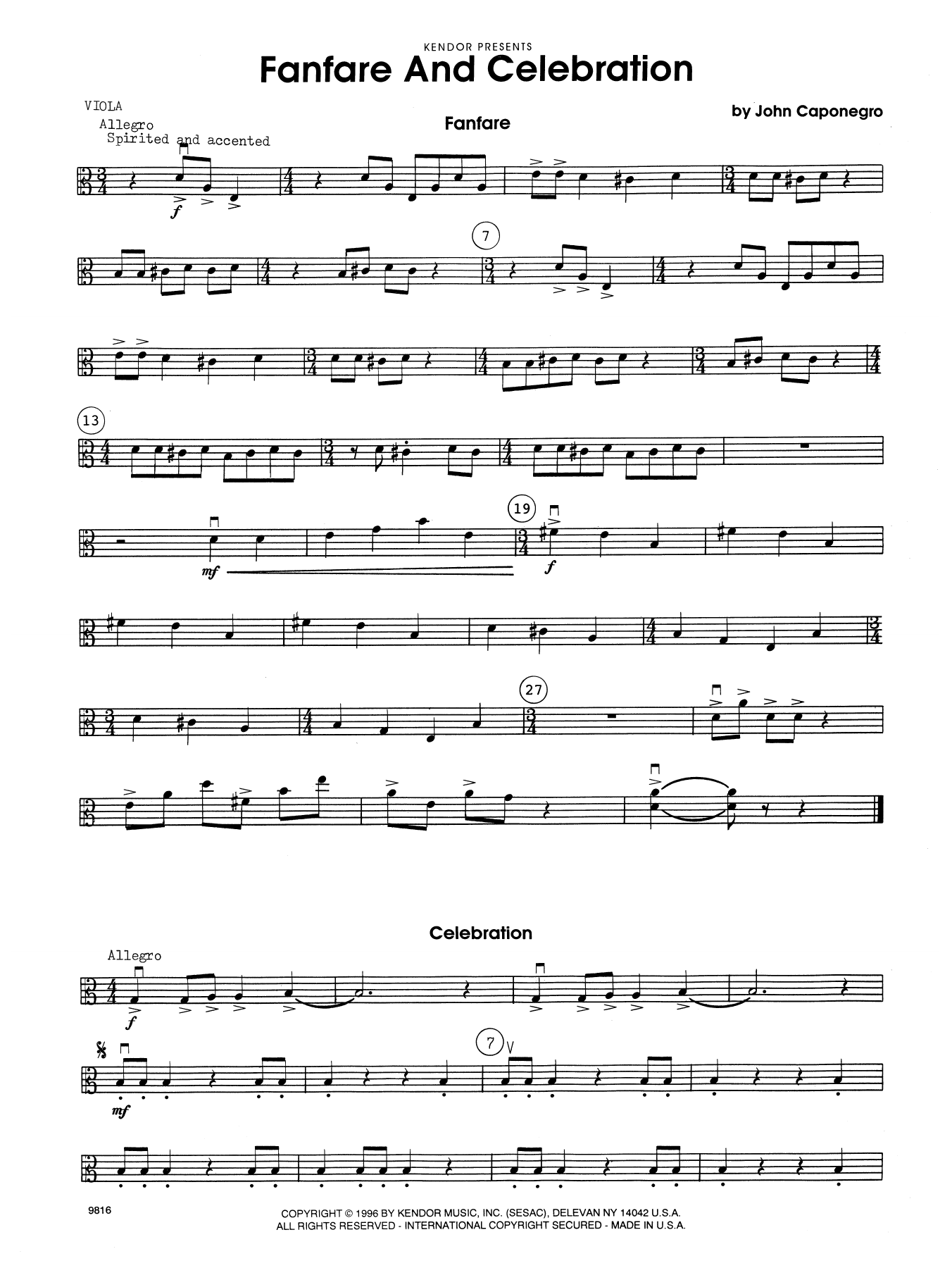 Download John Caponegro Fanfare and Celebration - Viola Sheet Music