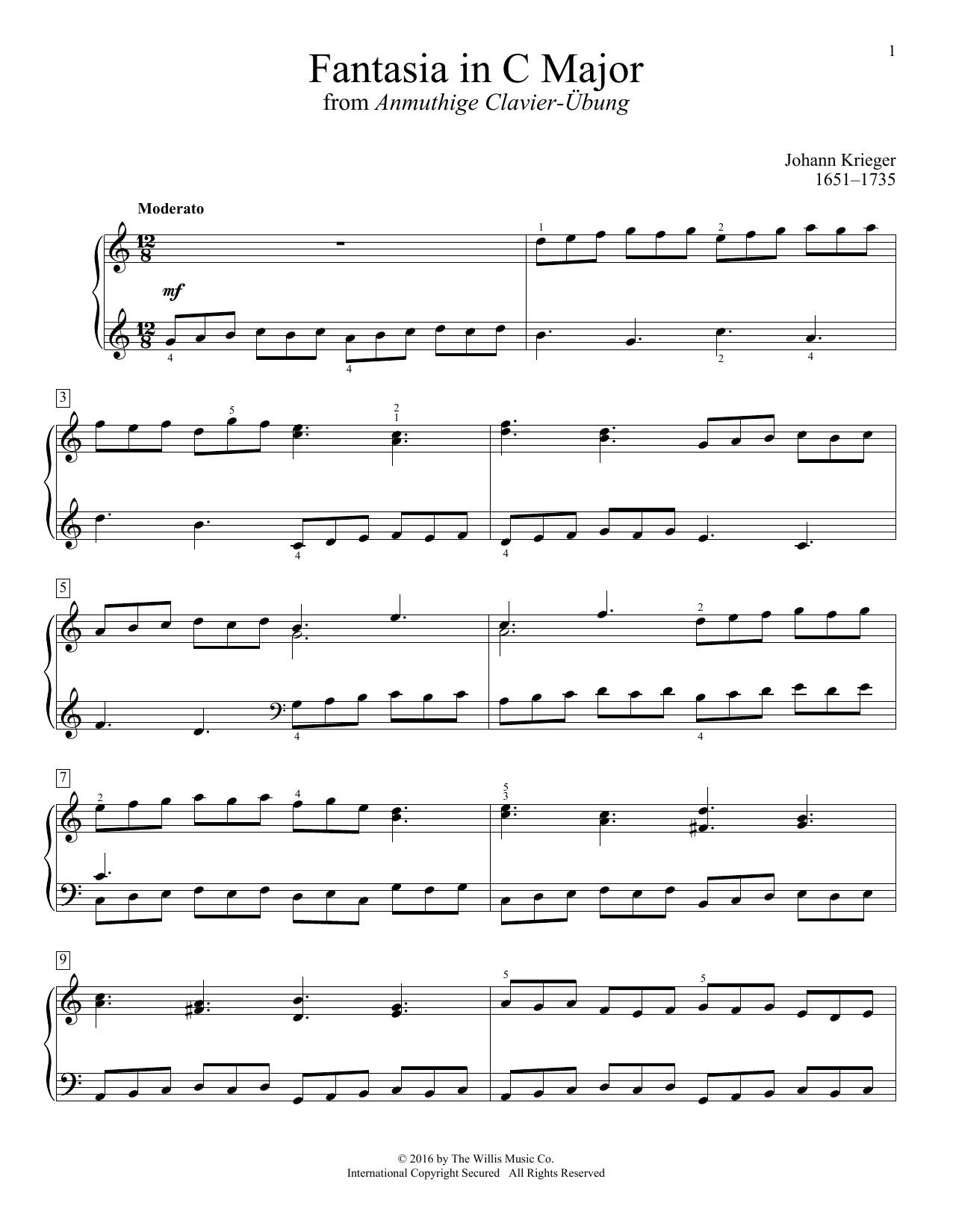 Download Johann Krieger Fantasia In C Major Sheet Music