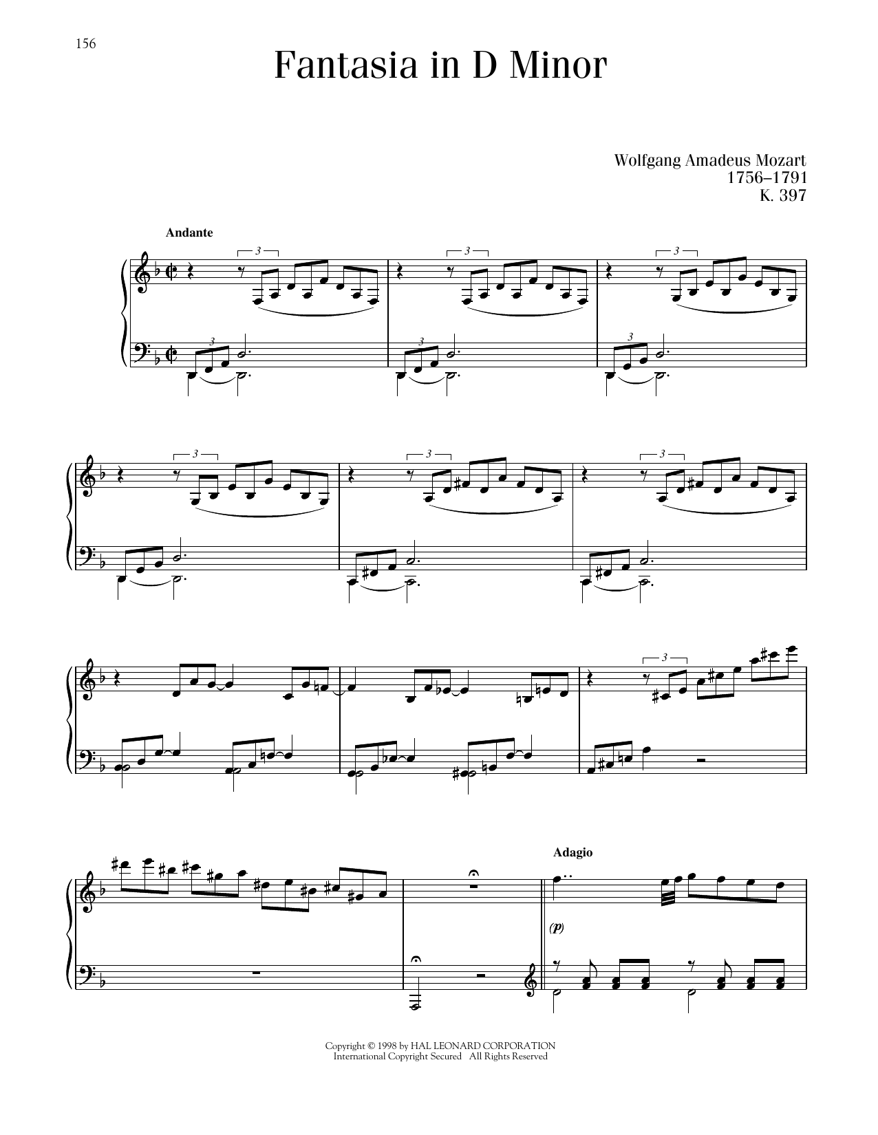 Wolfgang Amadeus Mozart Fantasia In D Minor, K. 397 sheet music notes printable PDF score