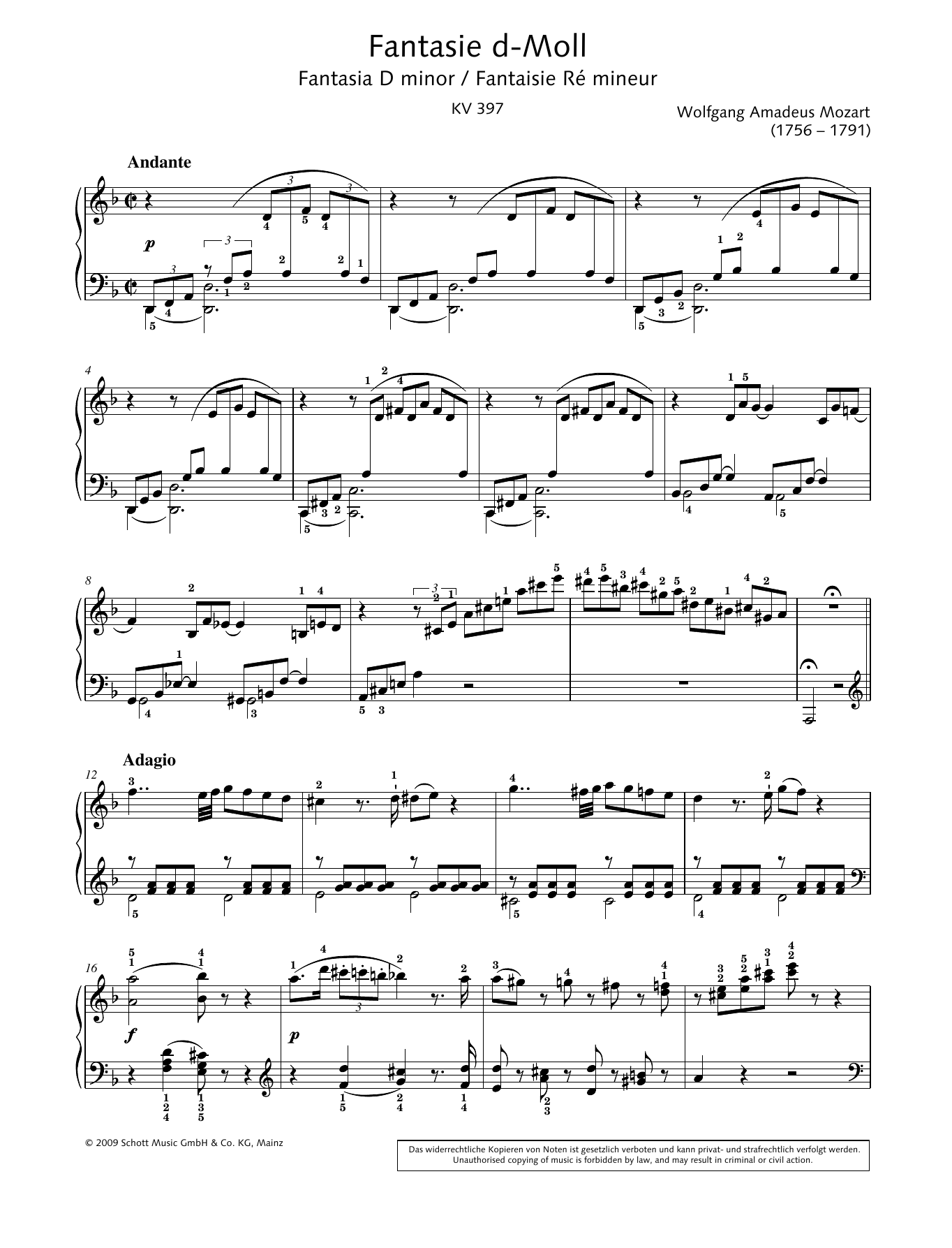 Download Wolfgang Amadeus Mozart Fantasia in D minor Sheet Music