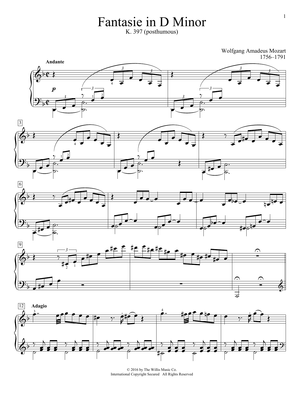 Download Wolfgang Amadeus Mozart Fantasie In D Minor, K. 397 Sheet Music
