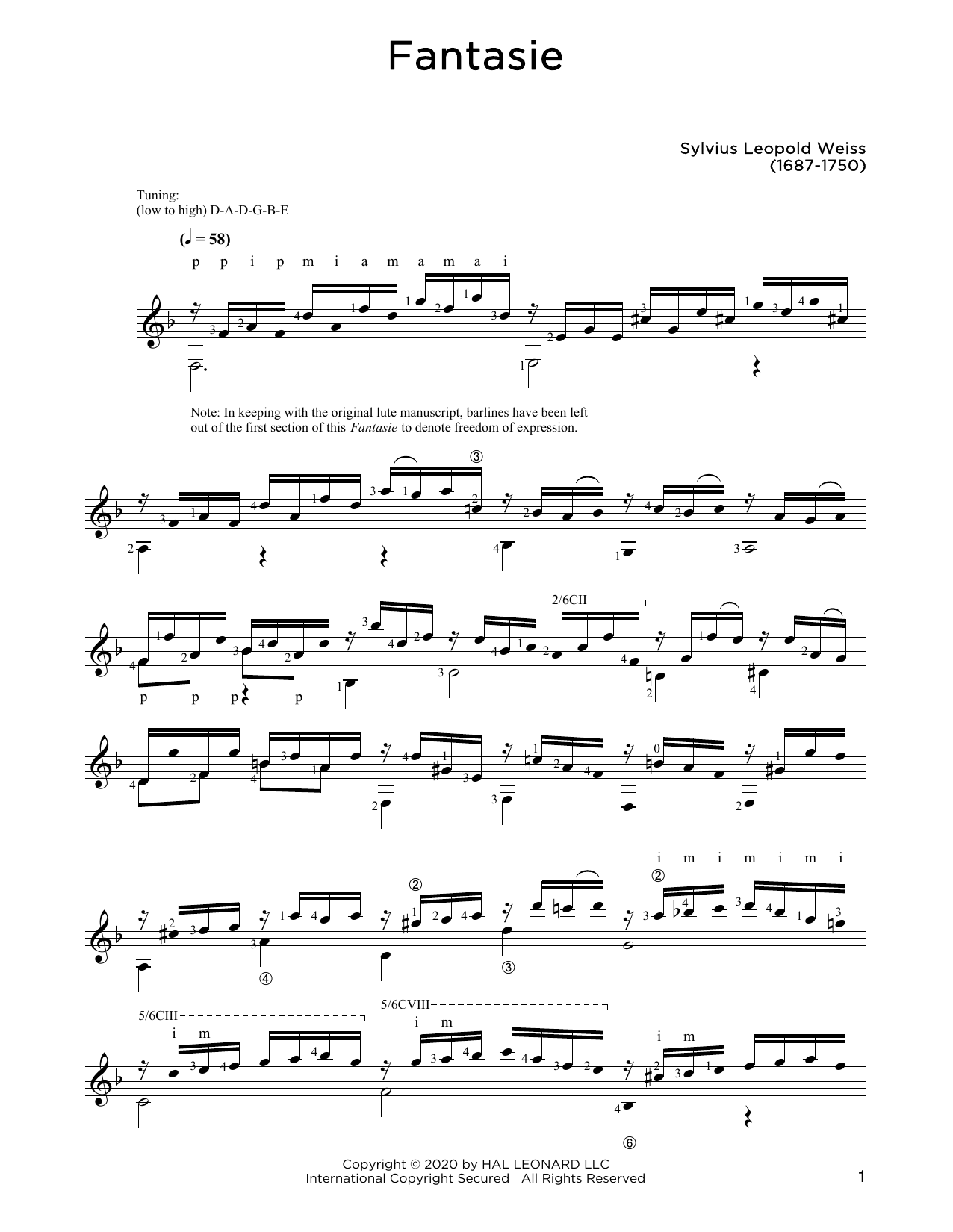 Download Sylvius Leopold Weiss Fantasie Sheet Music